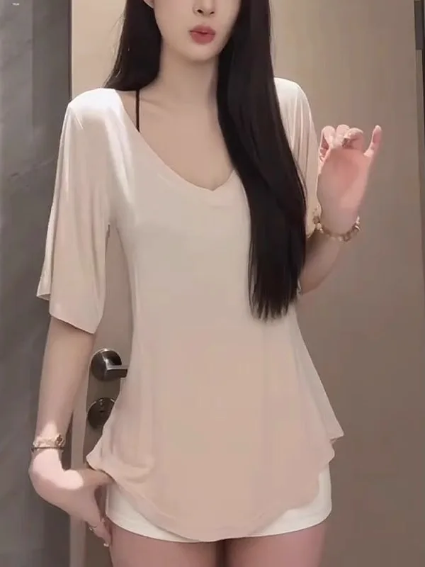 

Свободный крой oulder Bared ort Sve T irt Large V Ne Running Fitn Летняя дышащая футболка с высокой талией в Корейском стиле для поездок на работу