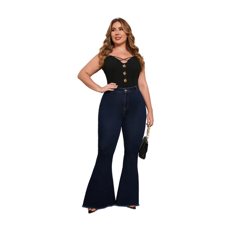 Full Figured Women’s Dark Wash High Waist Denim Pants Butt Lifting Bootcut Jeans Stretch Comfortable Everyday Clothing