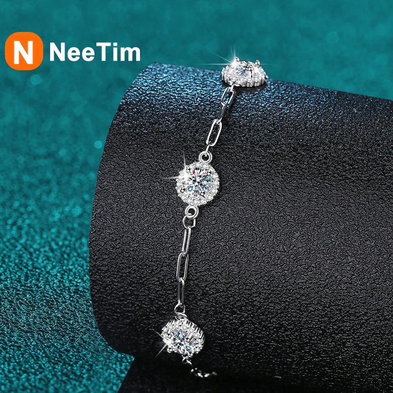 

NeeTim Round Moissanite Bracelets for Women 925 Sterling Silver with Gold Plated Lab Diamond Bracelet Fine Wedding Party Jewelry