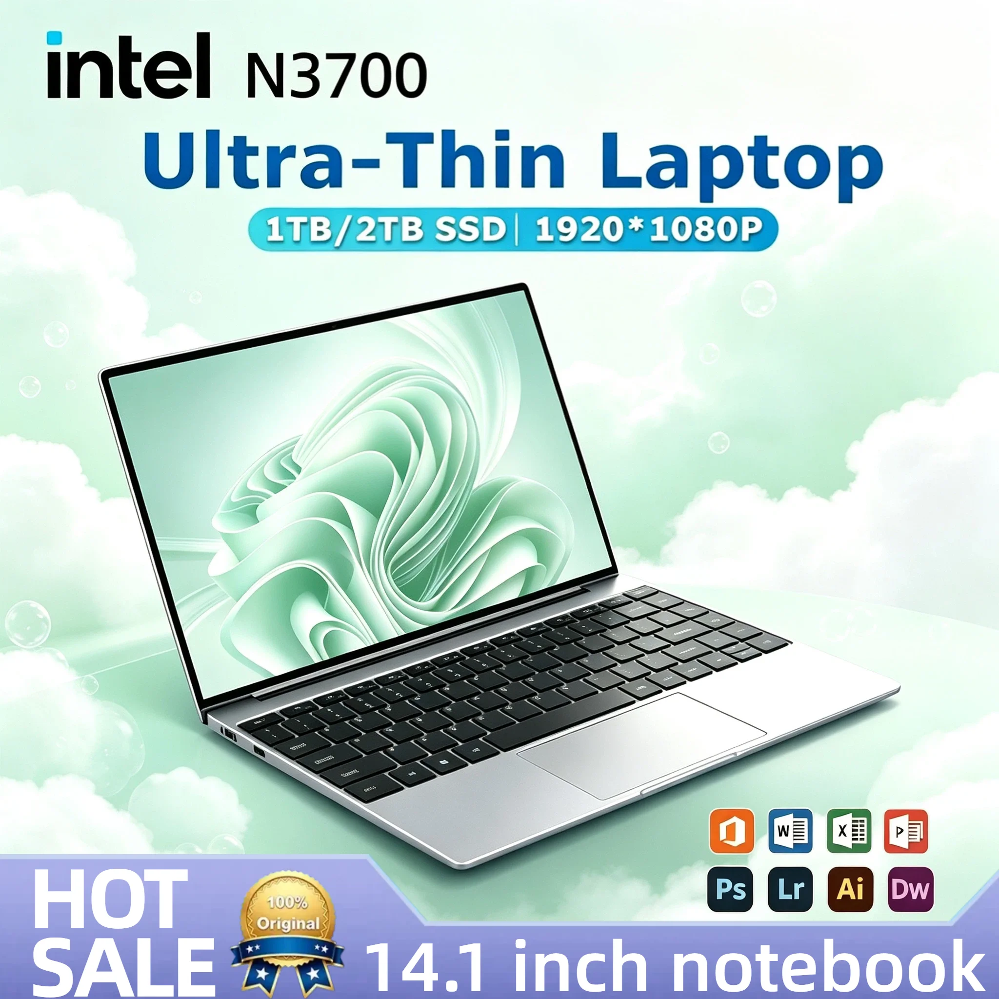 Intel N3700 Ultra Slim 14.1 Inch Gaming Notebook 16GB DDR3L 2TB SSD 1920x1080 Laptop Office Study PC 4K Video Pro Max
