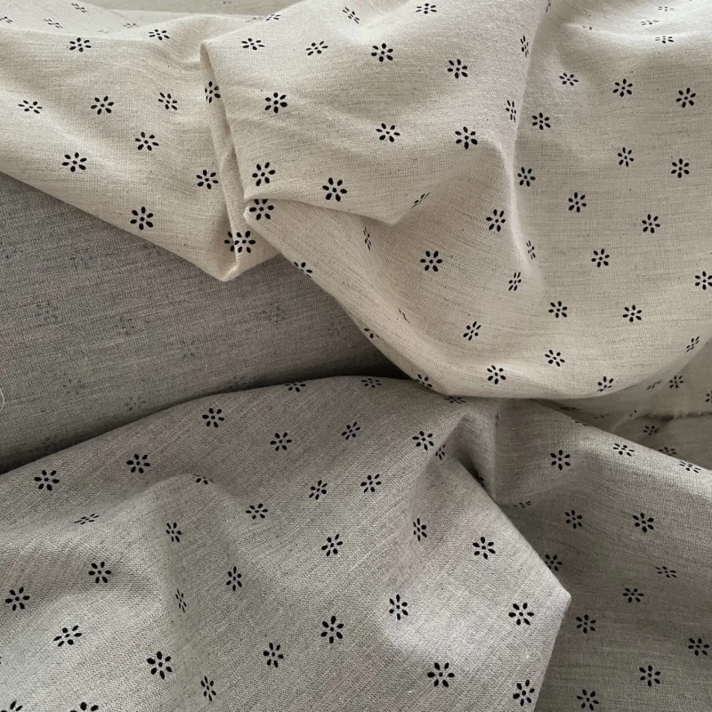 

Diy cotton fabric for clothing gray colored texture with small black floral prints linen fabric
