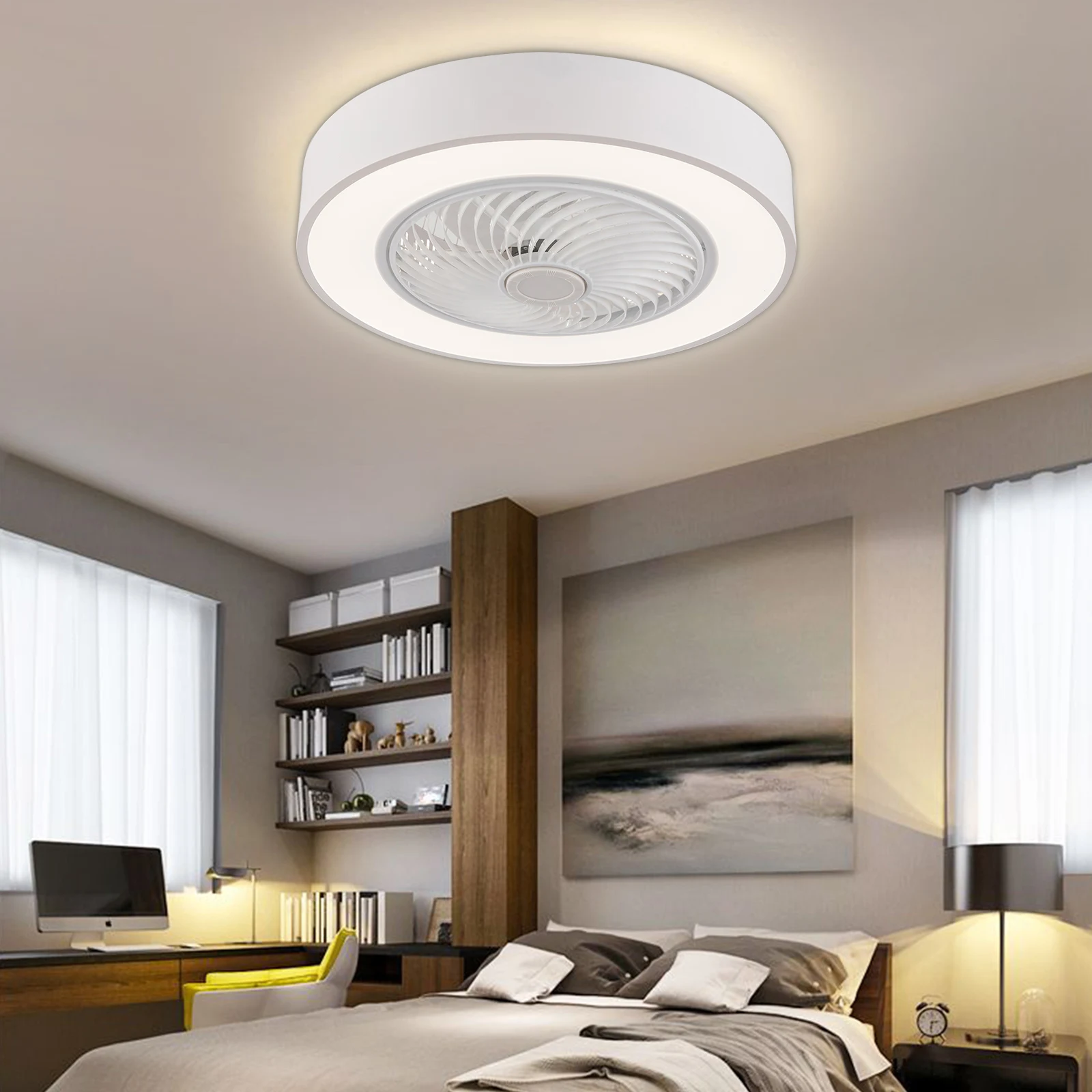 

22'' Invisible Ceiling Fan Light Bladeless 3Color Change Fan Lamp LED Chandelier