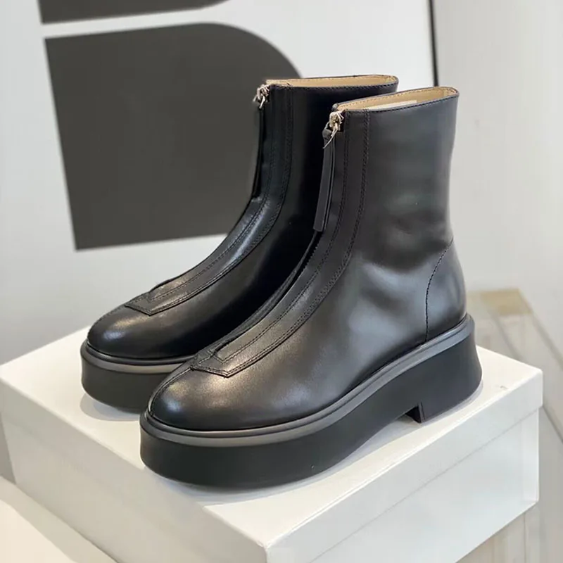 

New Women Front Zipper Design Ankle Botas Cow Suede Thick Sole Solid Color Short Boots Autumn Winter Versatile Riding Boots