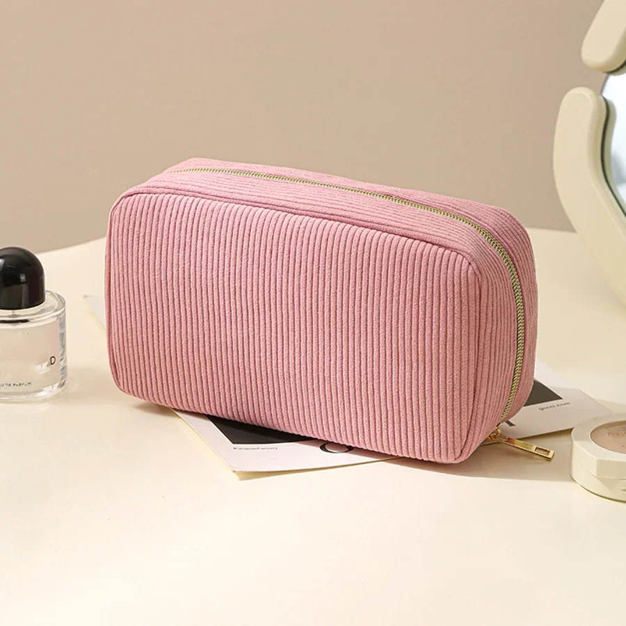 

Women Cosmetic Bag Corduroy Solid Color Makeup Pouch Travel Portable Wash Toiletry Storage Bag Organizer Purse