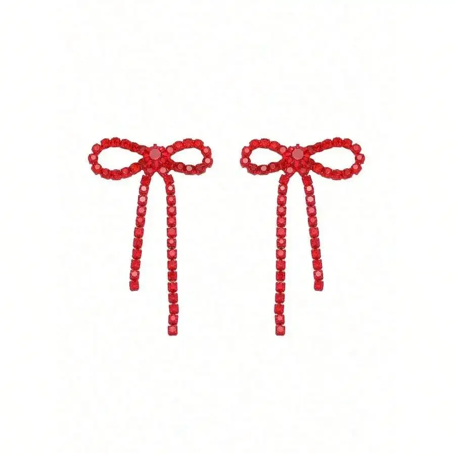 

Red Rhinestone Bow Knot Drop Earrings For Women Daily Wear