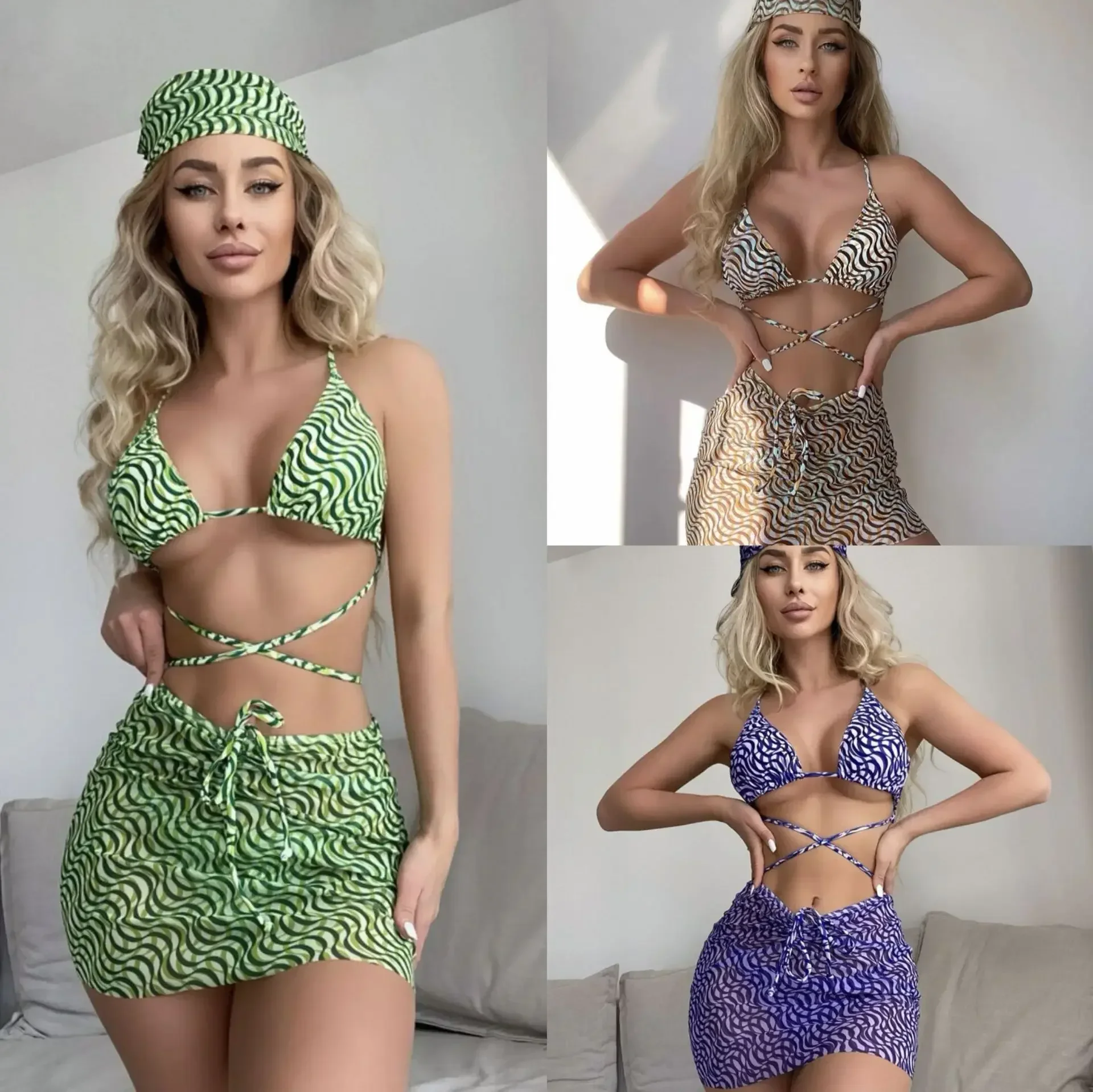 

2023 Women's New Drawstring Strap Sexy Three Piece Swimwear Bikini Headpiece Yarn Can Be Wholesale