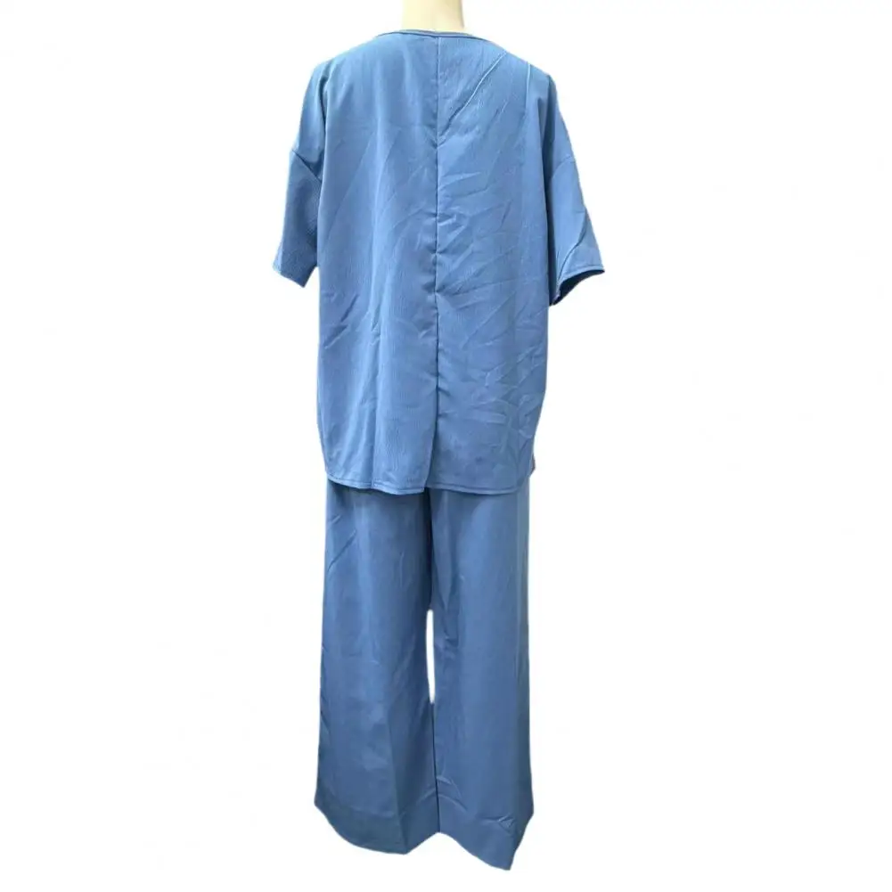 

2026 Women Two-piece Set Casual Button Short Sleeve V Neck Top And Long Pants Lounge Set With Pockets Summer Loose Matching Set
