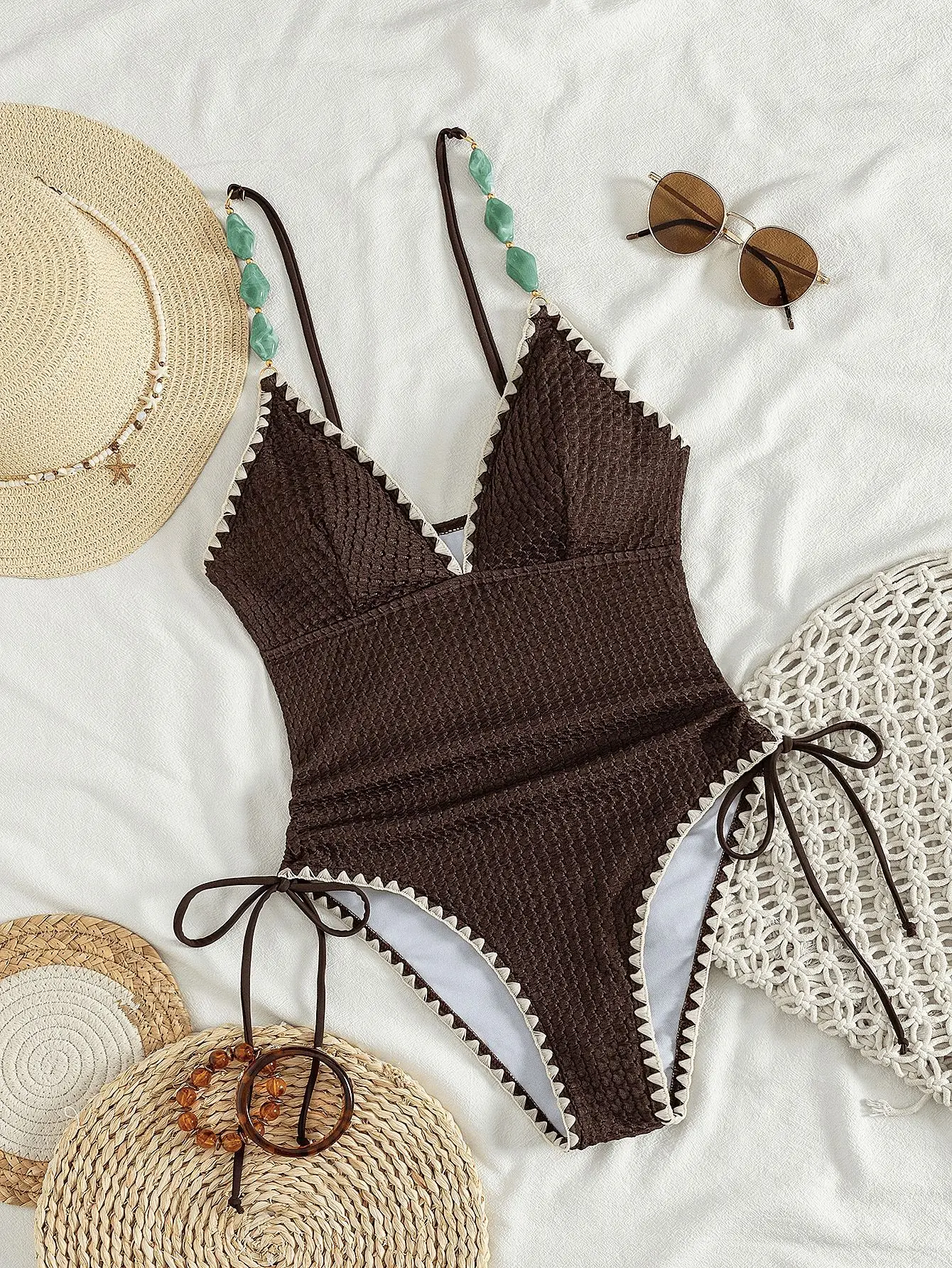 sexy brown deep v-neck patchwork beads swimsuits bikinis one piece bathing suits biquini swimwear women beach monokini tankini