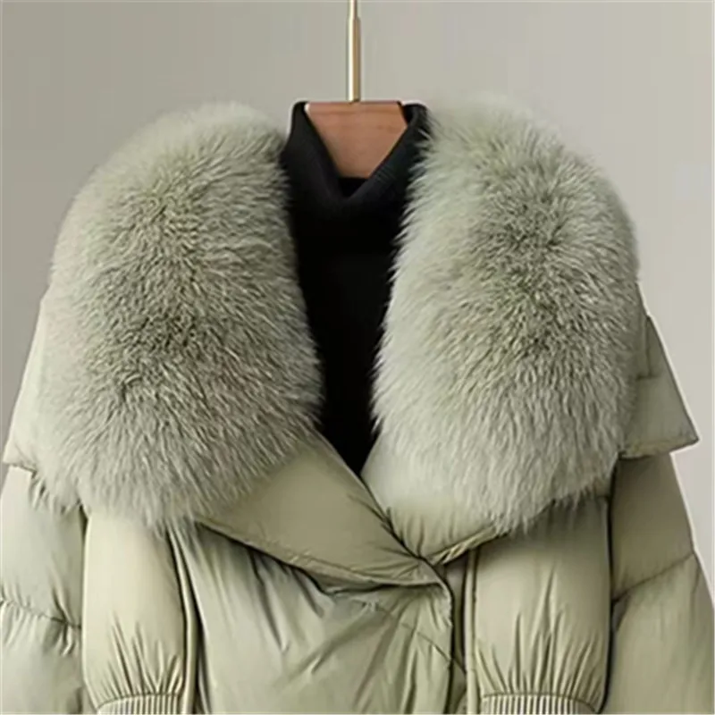 Single Breasted Coat for Women, White Goose Down Jacket,Fox Fur Collar Parkas, Thick Warm Clothing, Loose,Winter,New