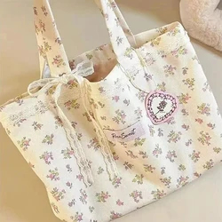 Large Capacity Fragmented Flowers Pattern Tote Bag Fashion Sweet With Lace Bow Storage Handbags Canvas Handbag