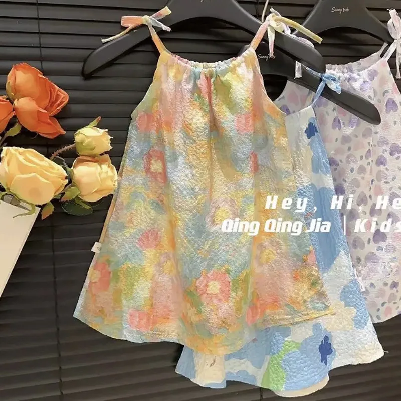 Girls Casual Dresses Floral Print Halter Dress Flower Girl Dresses for Weddings Baby Girl Clothes for 1 To 8Years Kids Clothes