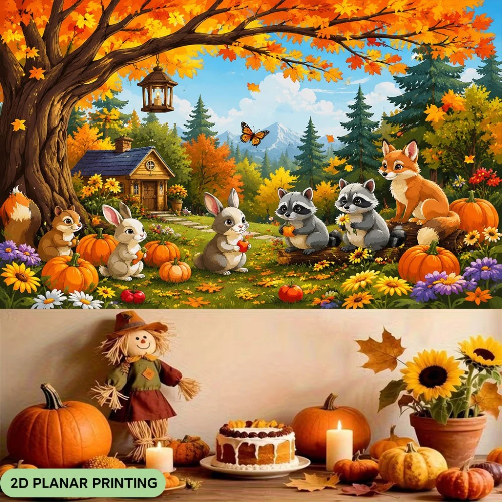 1PC Fall Forest Animals Gathering Print Backdrop Banner, Bedroom Living Room Kitchen Photo Background, Party Decoration