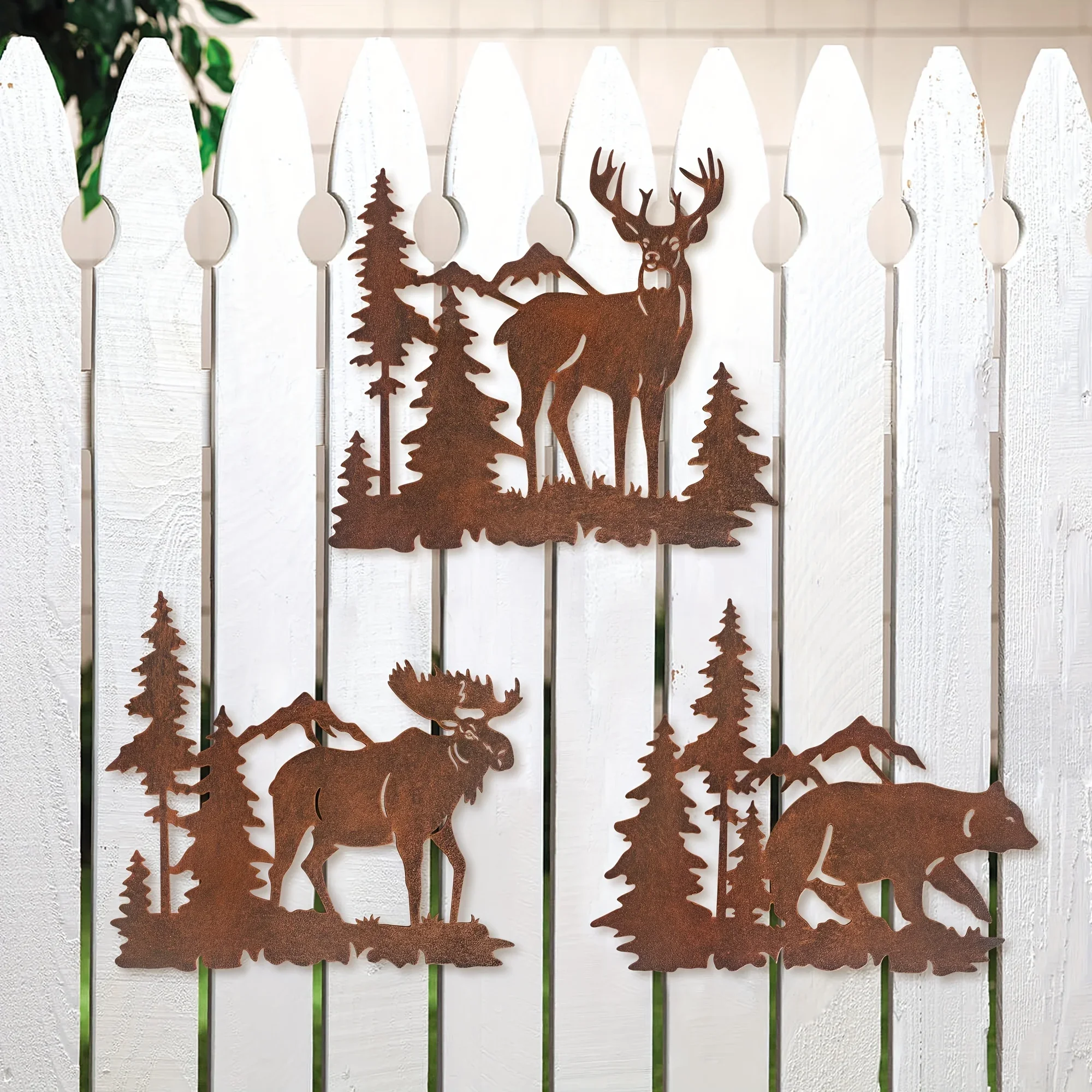 

Metal Wall Art Decor Deer Bear Moose In The Forest Pine Tree, 9.3inch Set Of 3 Rustic Concise Decoration Hanging