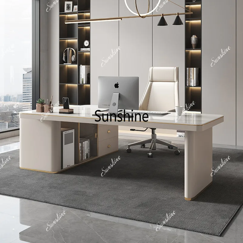 Italian light luxury modern sintered stone corner office desk, home minimalist design, and a sense of sophistication