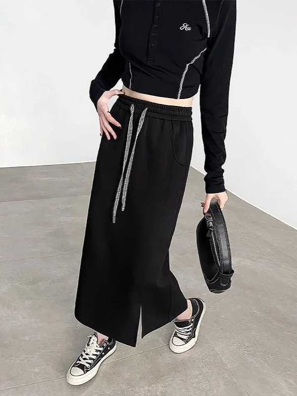 Autumn Winter Grey Sweatshirt Skirt High-End Feel Wrap around A-Line Long Skirt Straight Cut Split Design New Arrival