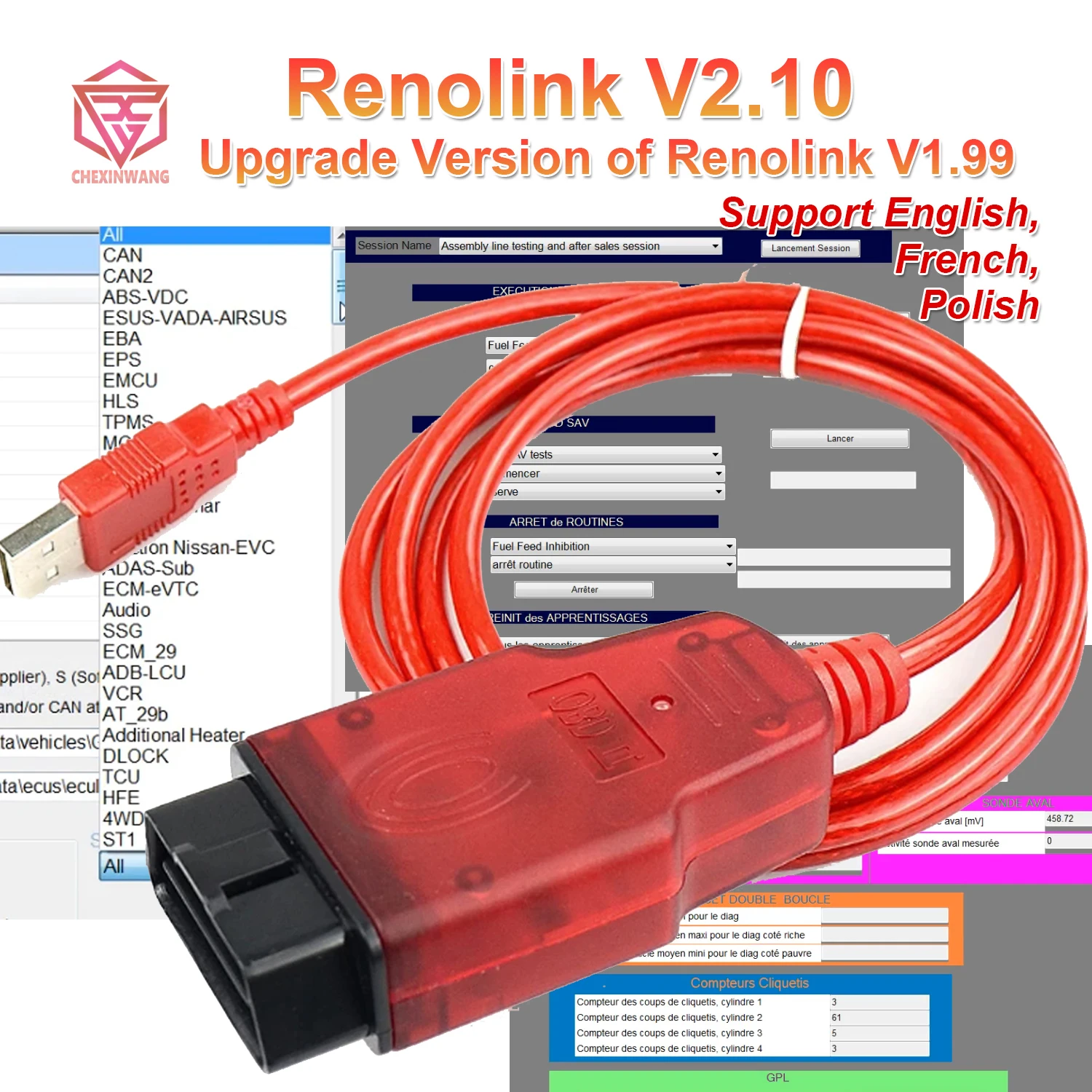 

Диагностический кабель Renolink V2.10 OBD2 2025, подушка безопасности ECM UCH, код ключа ECU, программатор сброса, интерфейс USB для Renault