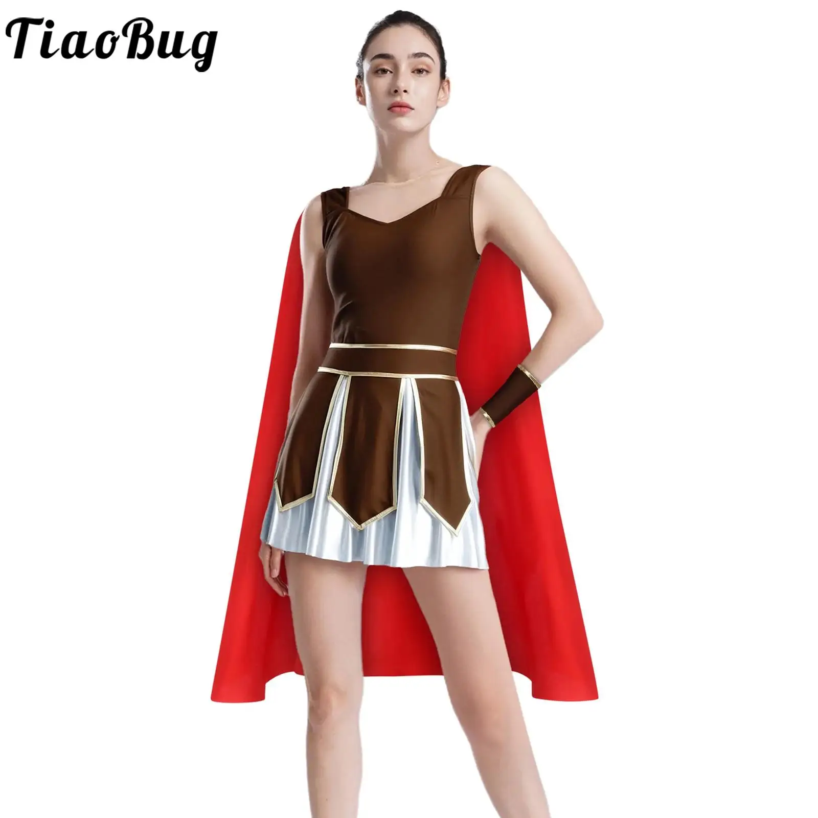 

Halloween Women Roman Gladiator Costume Cosplay Outfit Sleeveless Dress with Satin Cape And Cuffs Themed Party Fancy Dress Up