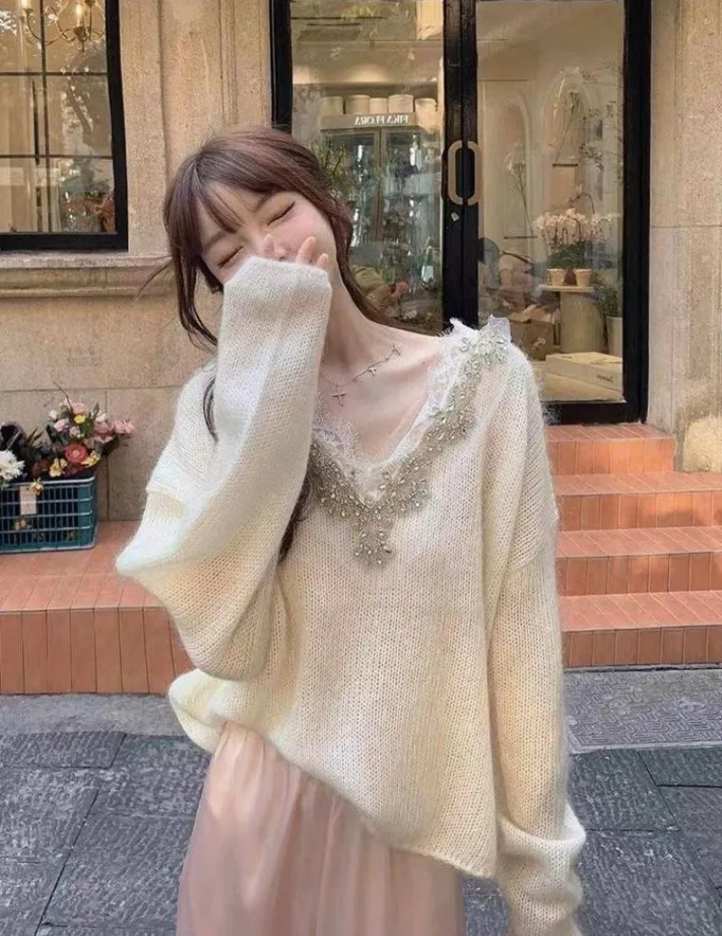 

Miiiix Advanced Soft and Lazy Sweater 2024 New Gentle Lace Early Spring Long Sleeved Pink Knitted Pullover Female Clothing