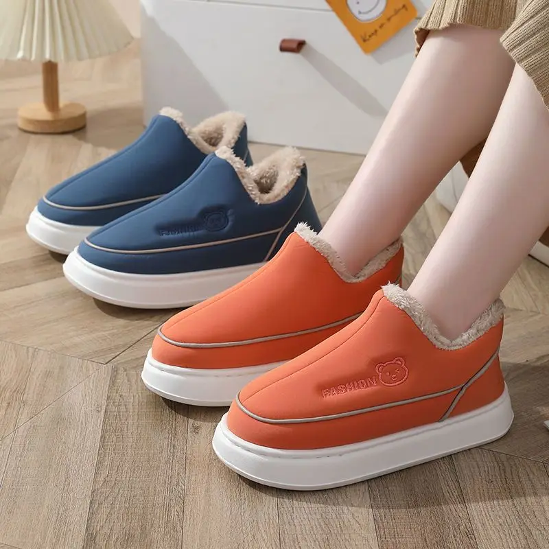 

New slip-on winter snow boots woman chunky outdoor platform slippers couples thick heeled cotton shoes plus size 36-45