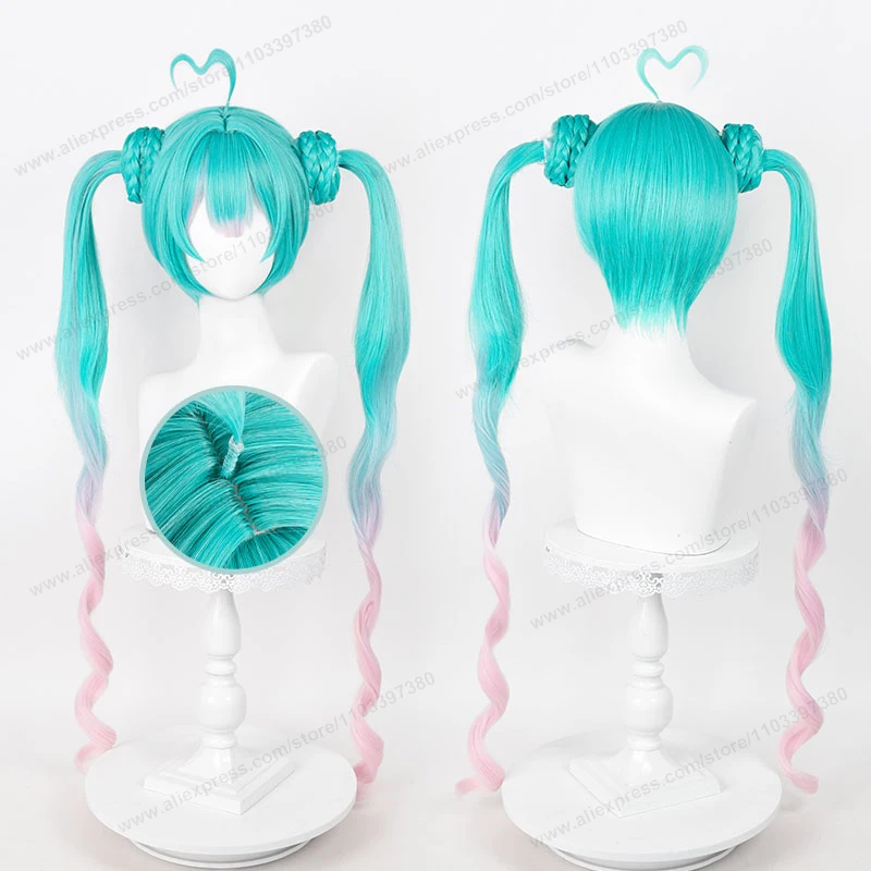 Anime Miku moda subkultura 100cm długie niebieskie różowe gradientowe damskie włosy podwójne kucyki włókno żaroodporne peruki syntetyczne