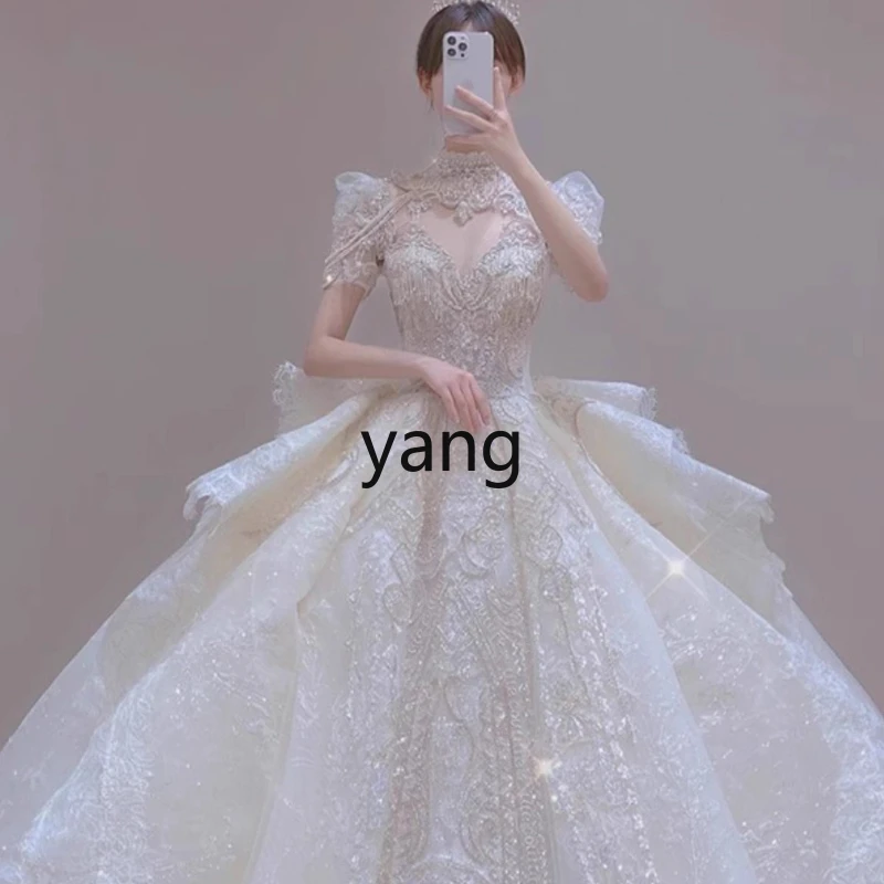 

LMM wedding dress new bride one-word shoulder heavy industry luxury high-end sense big trailing out dress
