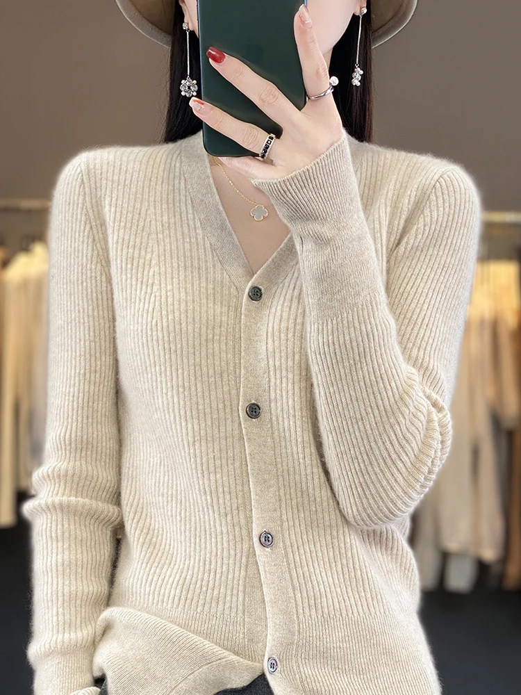 

Autumn Winter Women's V-neck Cardigans Slim Striped Solid Sweater 100% Merino Wool Knitwear Basic Cashmere Fashion Clothing Tops