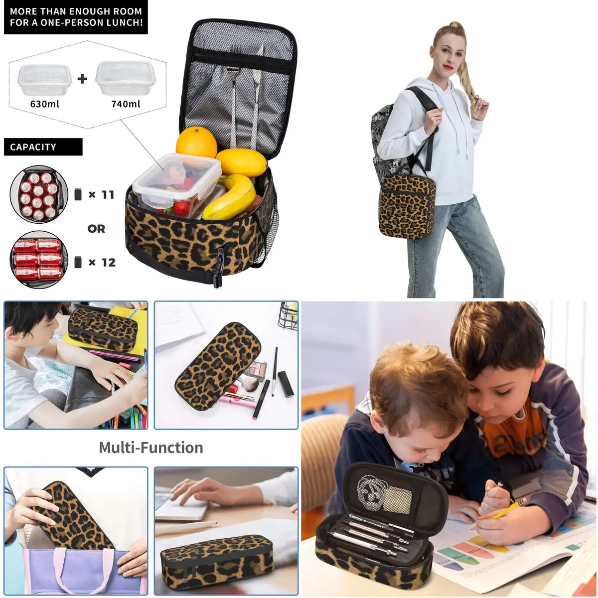 Wild Leopard Skin Pattern Backpacks Boys Girls Bookbag Students School Bags Cartoon Rucksack Lunch Bag Pen Bag Three-Piece Set