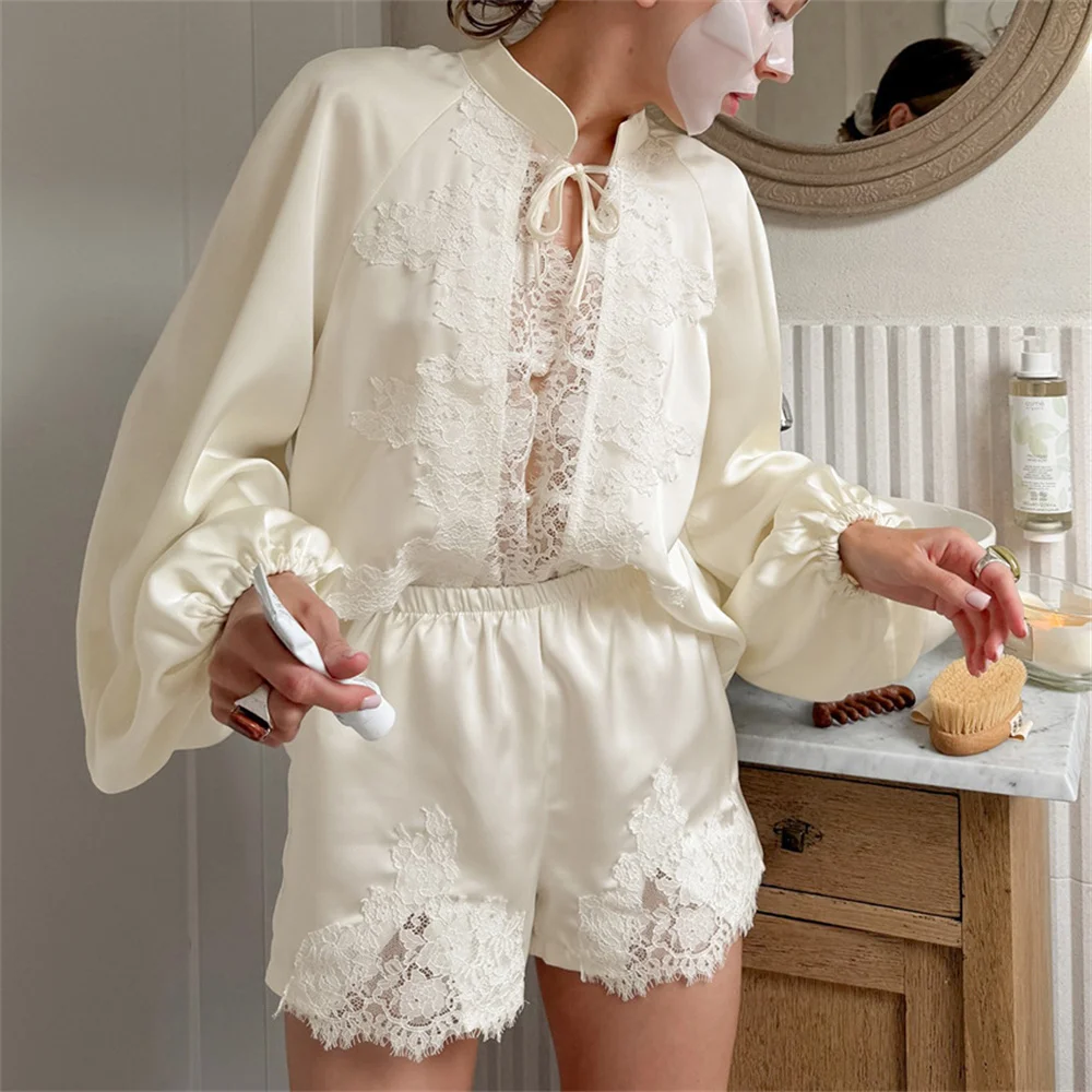 New Elegant Satin Apricot Lace Shorts Suit Pajamas Set Casual Button Up Shirt With Elastic Waist Shorts Loose Soft Sleepwear
