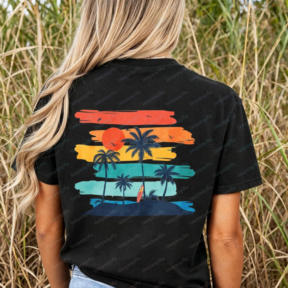 Retro Sunset Palm Tree Beach T-Shirt Women Color Block Graphic Tees Casual Short Sleeve Cotton Tops Summer Vacation Surf Shirts