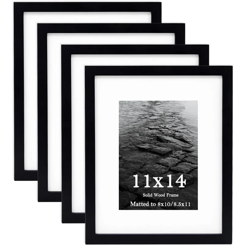 

11x14 Picture Frame 4 Pack Made of Solid Wood and Strong Real Glass, Display 8x10 and 8.5x11 Photos