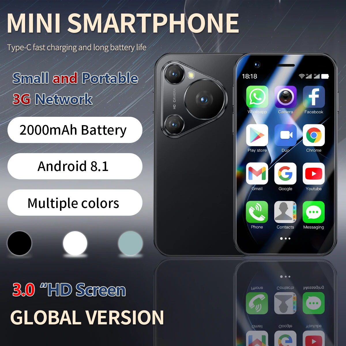 SOYES P70 Pro Max smartphone with 3.0-inch 2GB+16GB 2000mAh battery, dual SIM cards, facial recognition unlocking mini phone