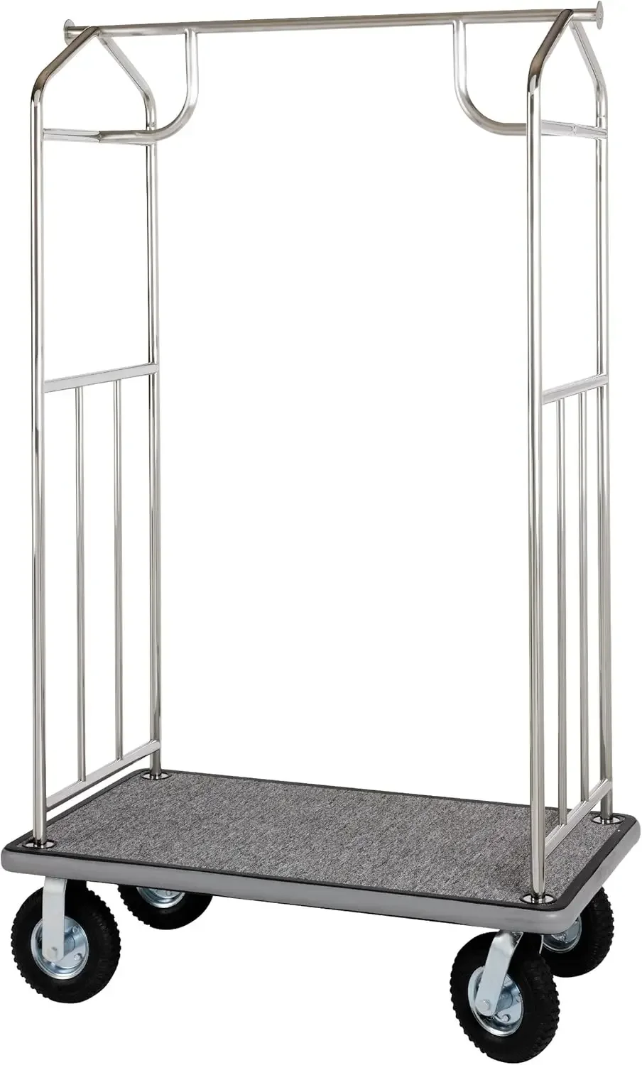 Valet Luggage Cart- Stainless Steel Finish with Gray Carpet- Condo Bellman Cart- 1” Welded Steel Tubing- Great for Any Property-