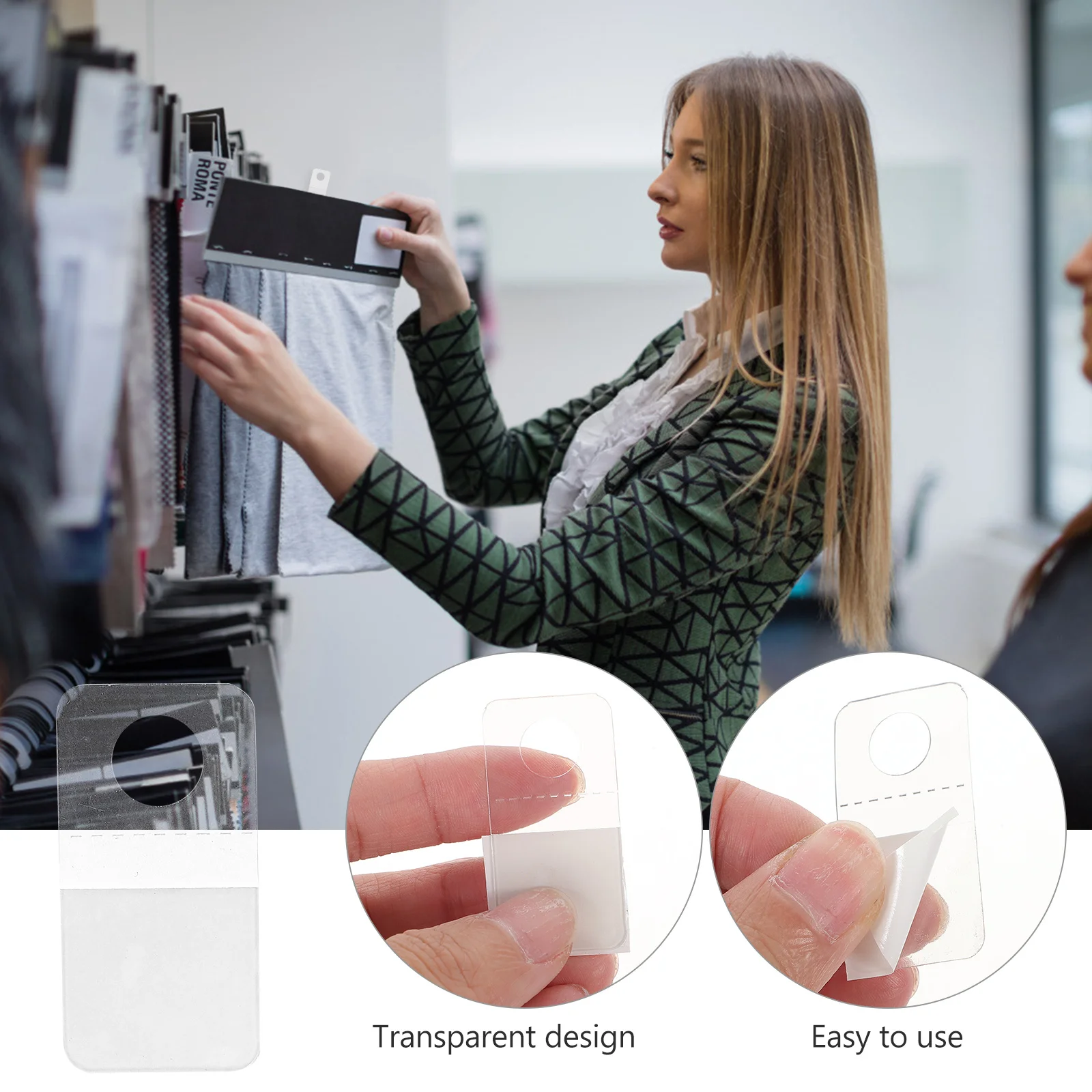 

200Pcs PVC Hooks Transparent Hanging Tabs with Round Hole Design Adhesive Display Hangers for Store Boutique Shelf Organization