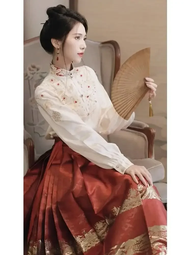 Oversized Chinese Hanfu Shirt and Horse Face Skirt Set Women\'s Clothing Plus Size High End Shirt Red Gold Horse Face Skirt Set