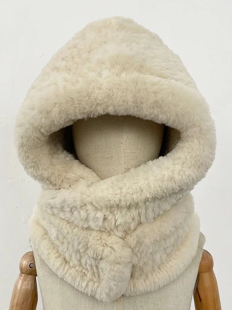2025.Female Thick Warm Natural Rabbit Fur Bomber Hat Scarf  New Winter Cute Windproof Real Fur Cycling Cap with Muffler
