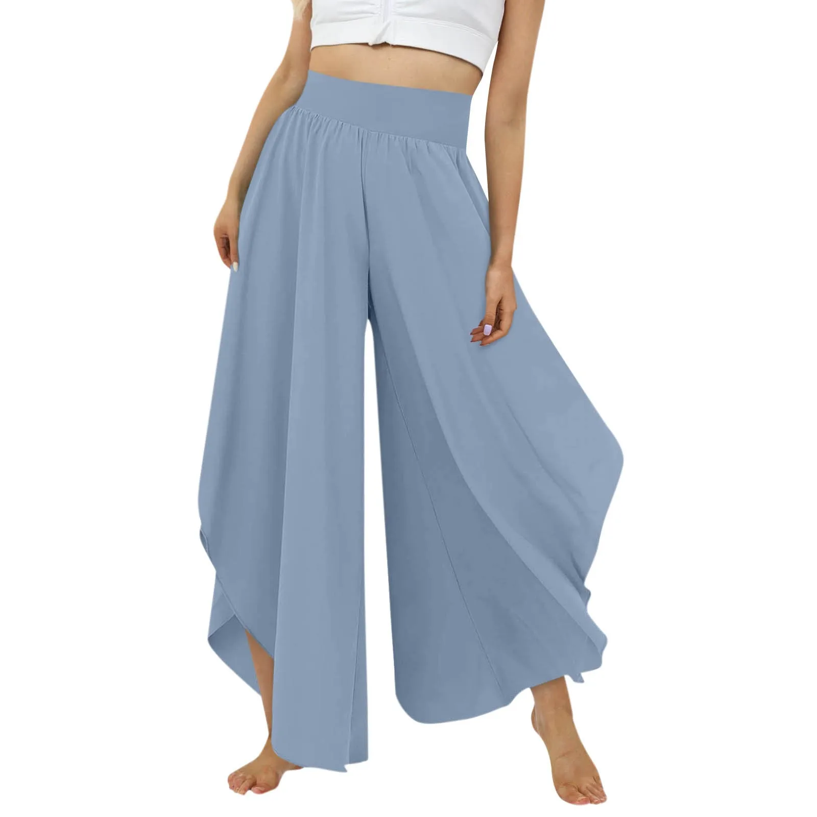 Women Culottes Skirt Pants High Elastic Waist Loose Irregular Hem Ankle Length Solid Color Soft Breathable Female Trousers