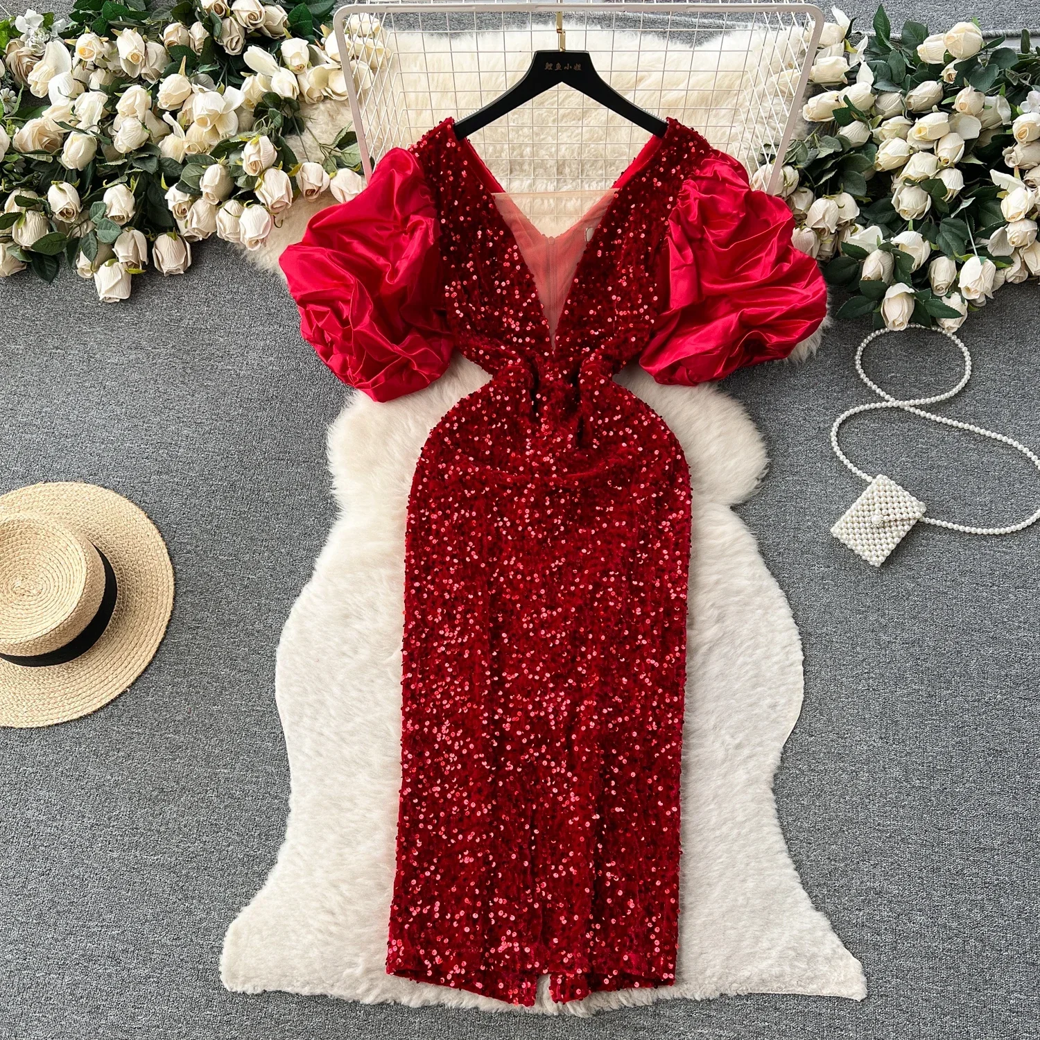 

Chic Sequin Mesh Patchwork Split Backless Evening Party Dress Women Sexy Elegant Robe Slim Split Ceremonial Dresses