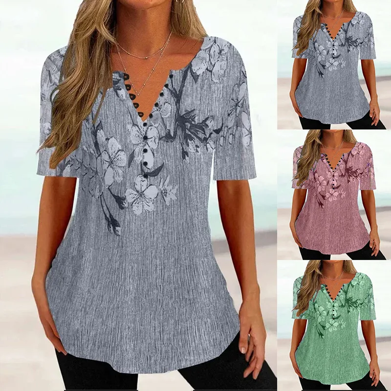 Women\'s Clothing 2023 Summer Vintage Floral Printed Oversized Elegant Shirt Fashion V Neck Short Sleeve Blouse Tunic Tops Blusas