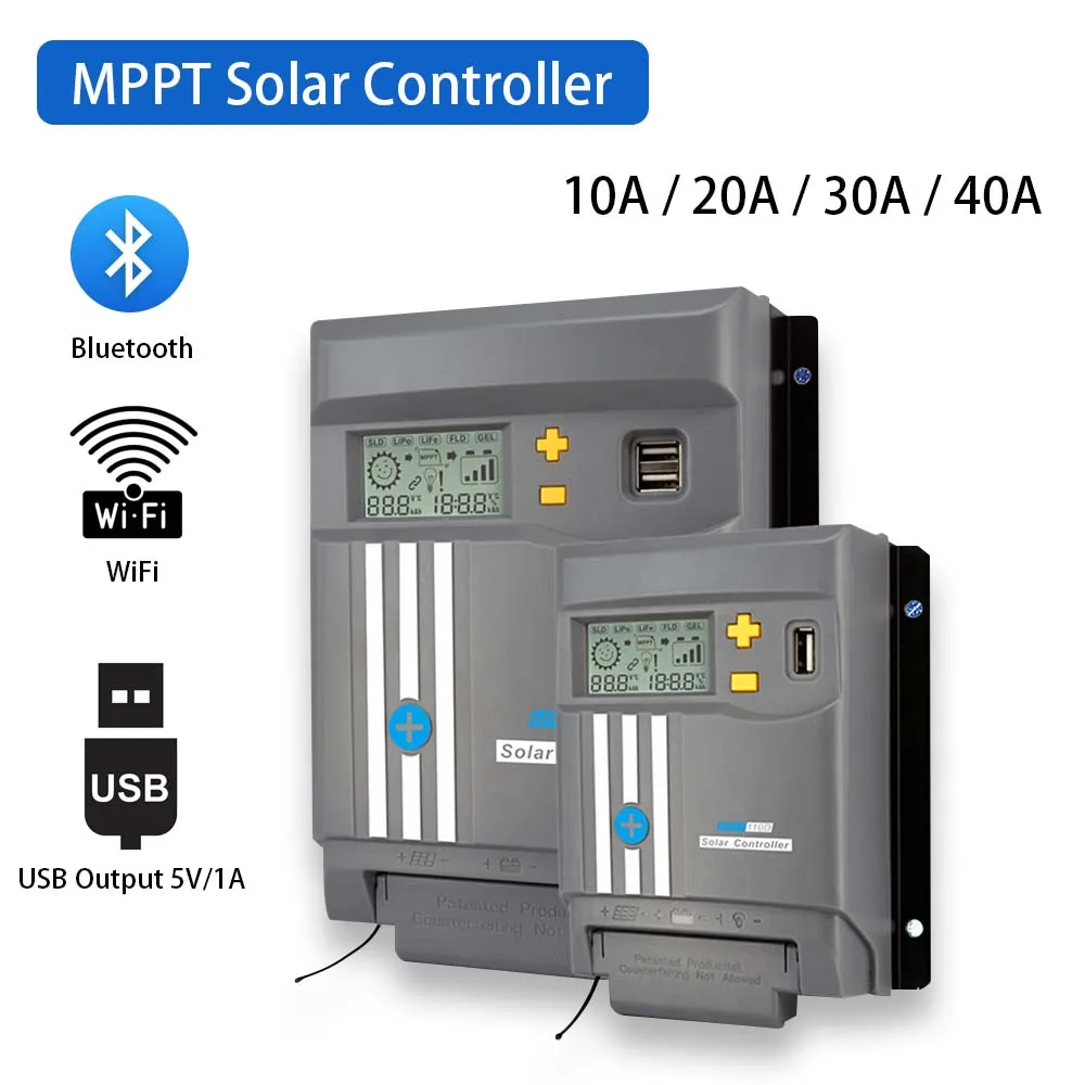 

Solar Controller MPPT 12V 24V Auto Bluetooth WiFi USB Output 5V 10A 20A 30A 40A for Gel LiFePO4 AGM Battery PV Charger