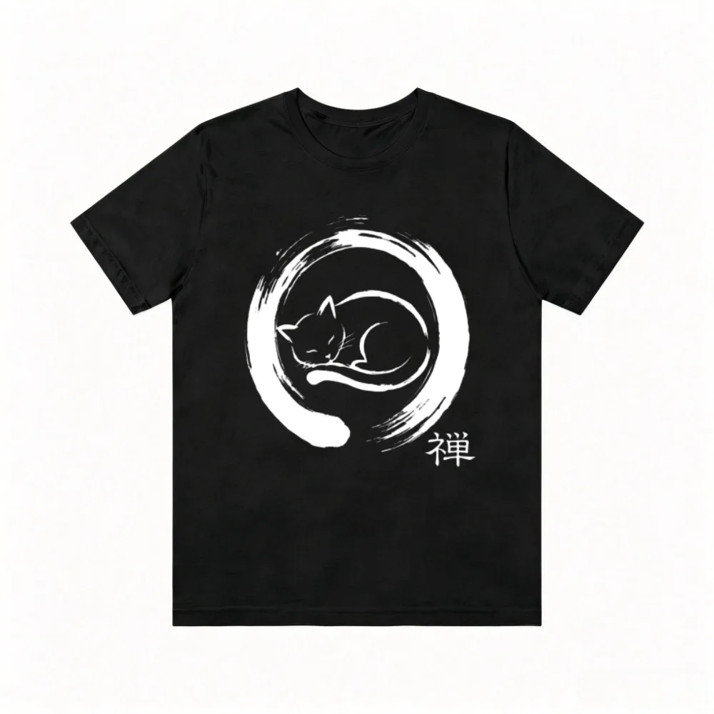 Minimalist Japanese Art Zen T-Shirt Gift for Cat Lover Tshirt Casual Fashion Loose Harajuku Short Sleeve Man Women Clothing
