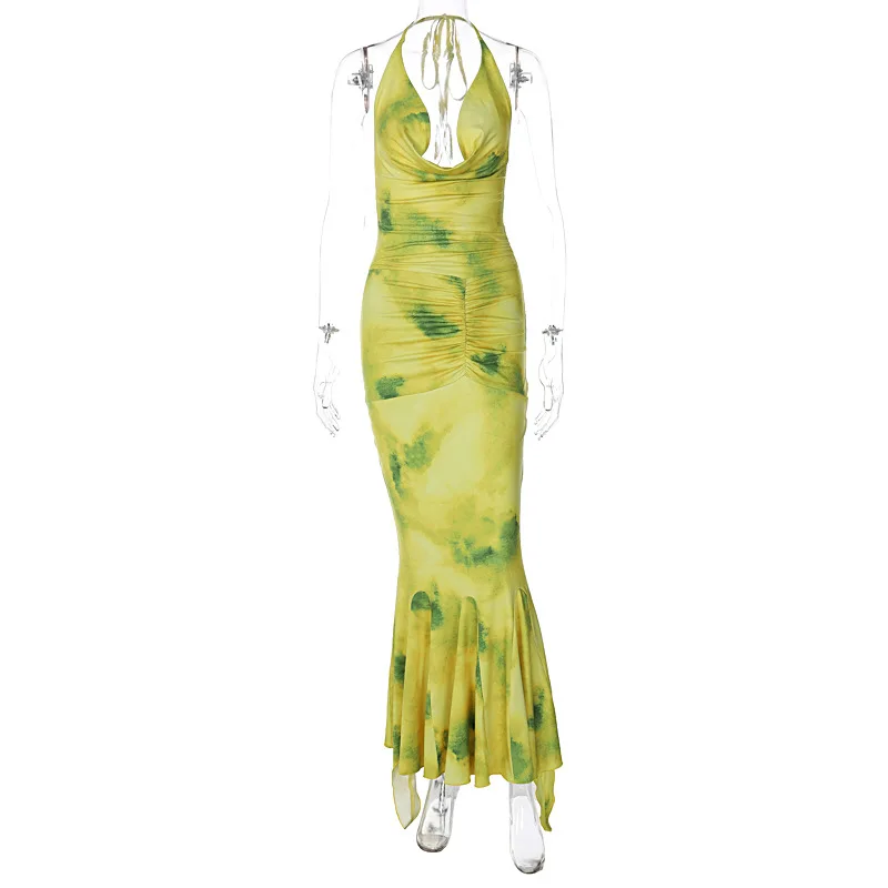 WeiYao แฟชั่นพิมพ์ Ruffles Halter เซ็กซี่ Mermaid ชุดผู้หญิงแขนกุด Backless Draped Ruched Maxi ปาร์ตี้ Vestido