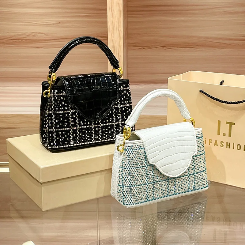 Luxury Designer Brand New High Quality Leather Rhinestone Handbag for Women Fashion Color Contrast Single Shoulder Crossbody Bag