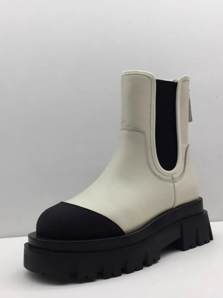 Kobiety splecione z prawdziwej skóry Chelsea Boots grube buty na platformie z okrągłym noskiem buty za kostkę nowe damskie krótkie buty na co dzień