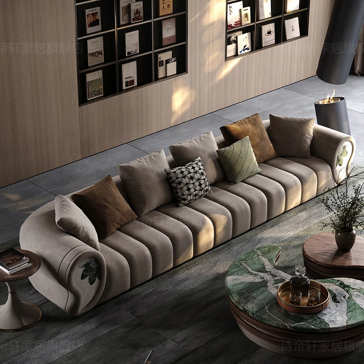 &Italian Leather Light Luxury Sofa Set Modern Designer Simple Curved New Import for Villa Living Room Sponge Filling Material