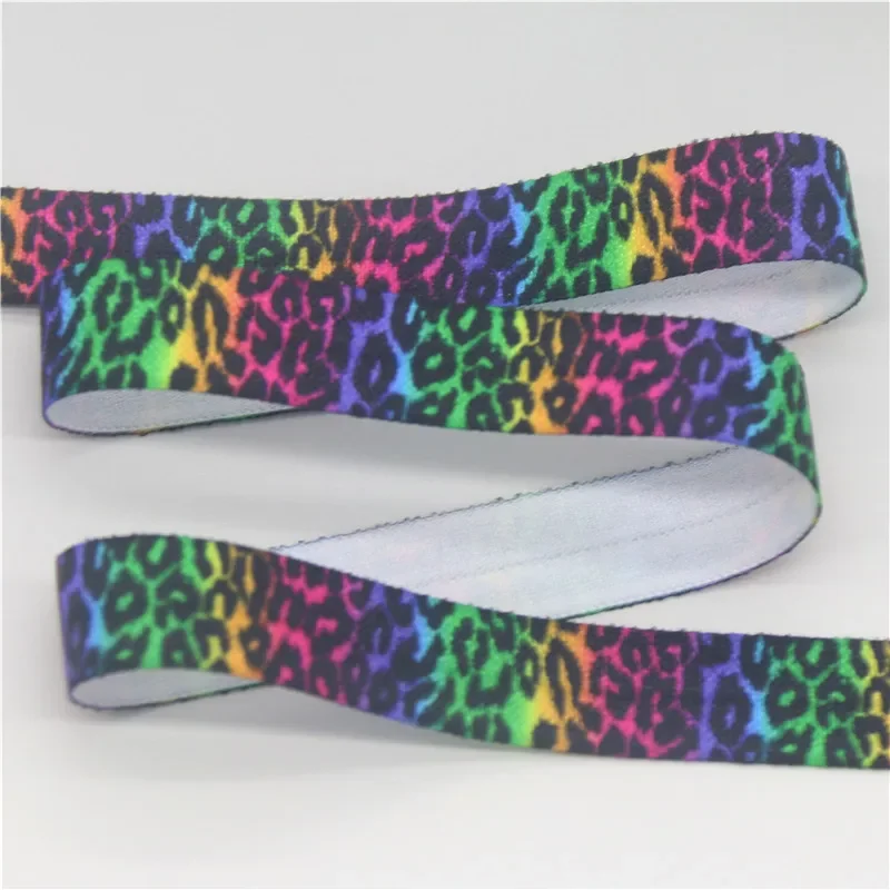 DHK 5/8\'\'5yards Zebra Leopard Cow Gradient Printed Fold Elastic FOE Stretch Ribbon Hairbow Headwear Headband DIY OEM C1890
