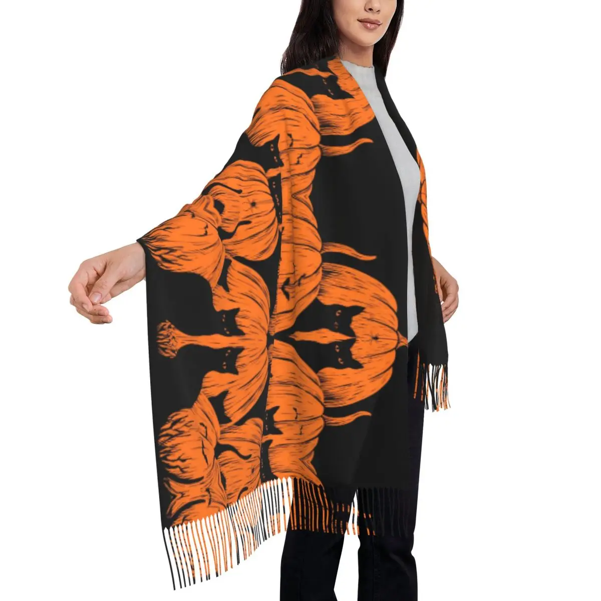 Women Scarf Keep Warm Pumpkin Cat Head Scarves with Tassel Spooky Halloween Botany Fashion Shawls and Wraps Winter Bandana