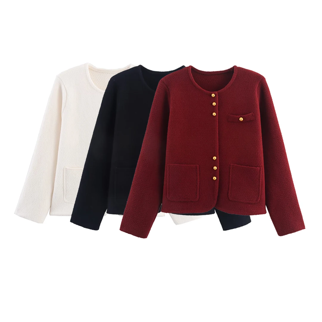 

Topenomi Women Jackets Autumn Winter Retro Round Neck Metal Button Short Cardigan Coats French Vintage Pockets Long Sleeve Tops