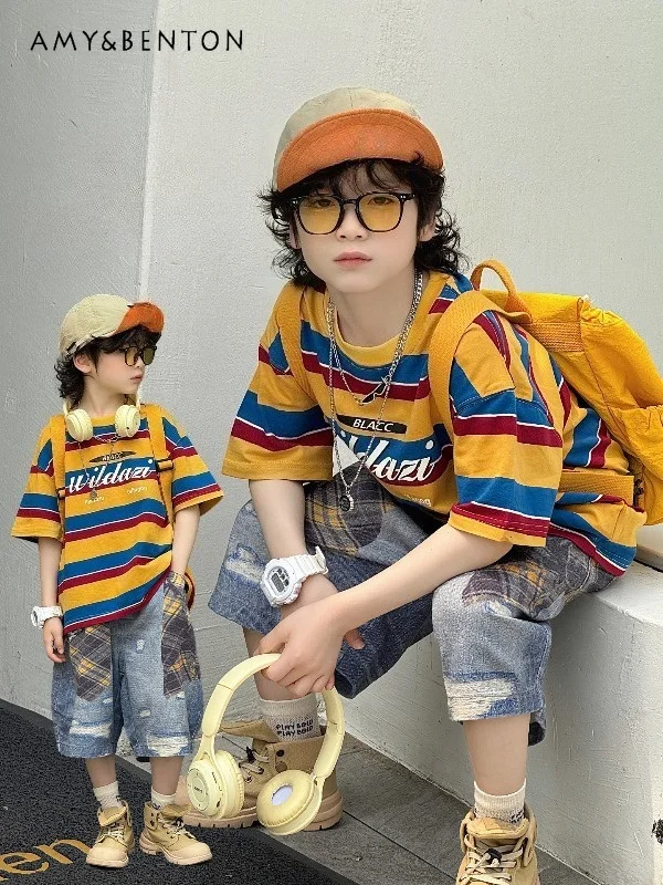 

Kids Striped Print T-Shirt Boys Summer Color-Block Short Sleeve Loose Fit Tee Casual Streetwear Top for Children Boys Clothes