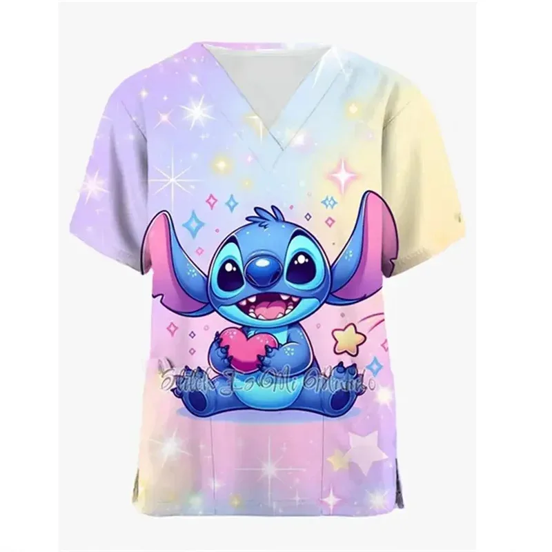 

Disney Hospital Pocket Lilo & Stitch Woman T-shirts Summer T-shirt New Nurse Uniform V Neck Y2k Clothing Uniform Pocket Neck Y2k