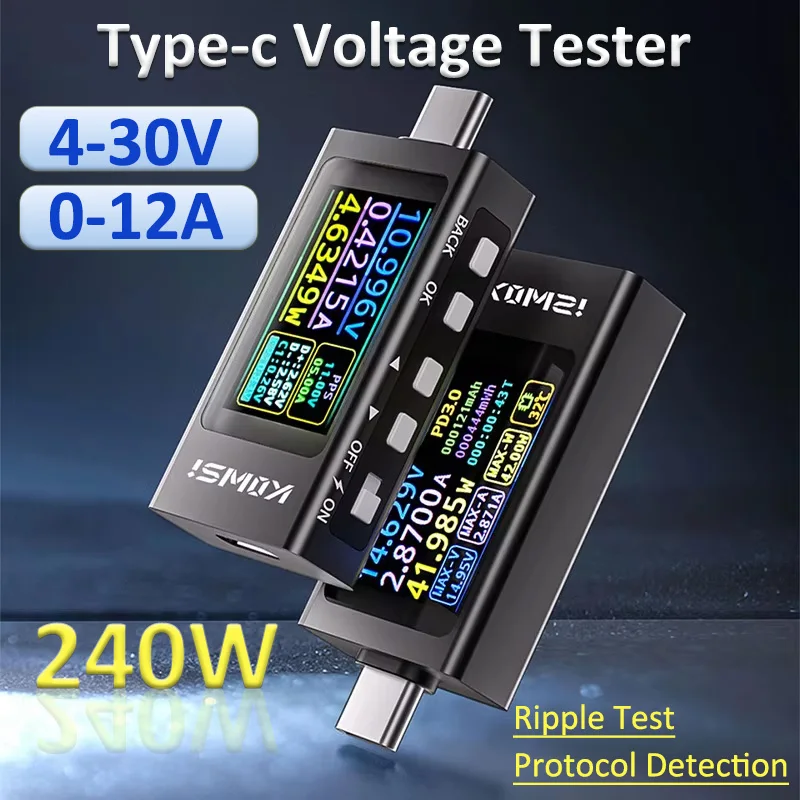 KWS-X1 Digital Voltmeter 3.3-36V 0-12A Type-C Current Voltage Monitor 240W USB Tester Fast Charging Trigger Meter HD IPS Display